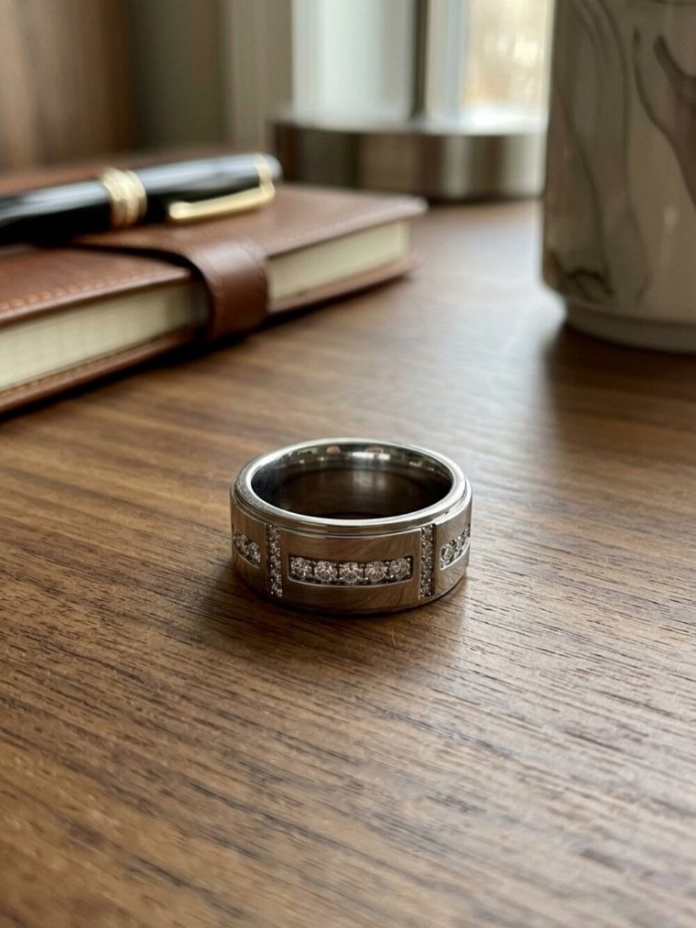Mens Silver Titanium Moissanite Wedding Band, Cross Inlay